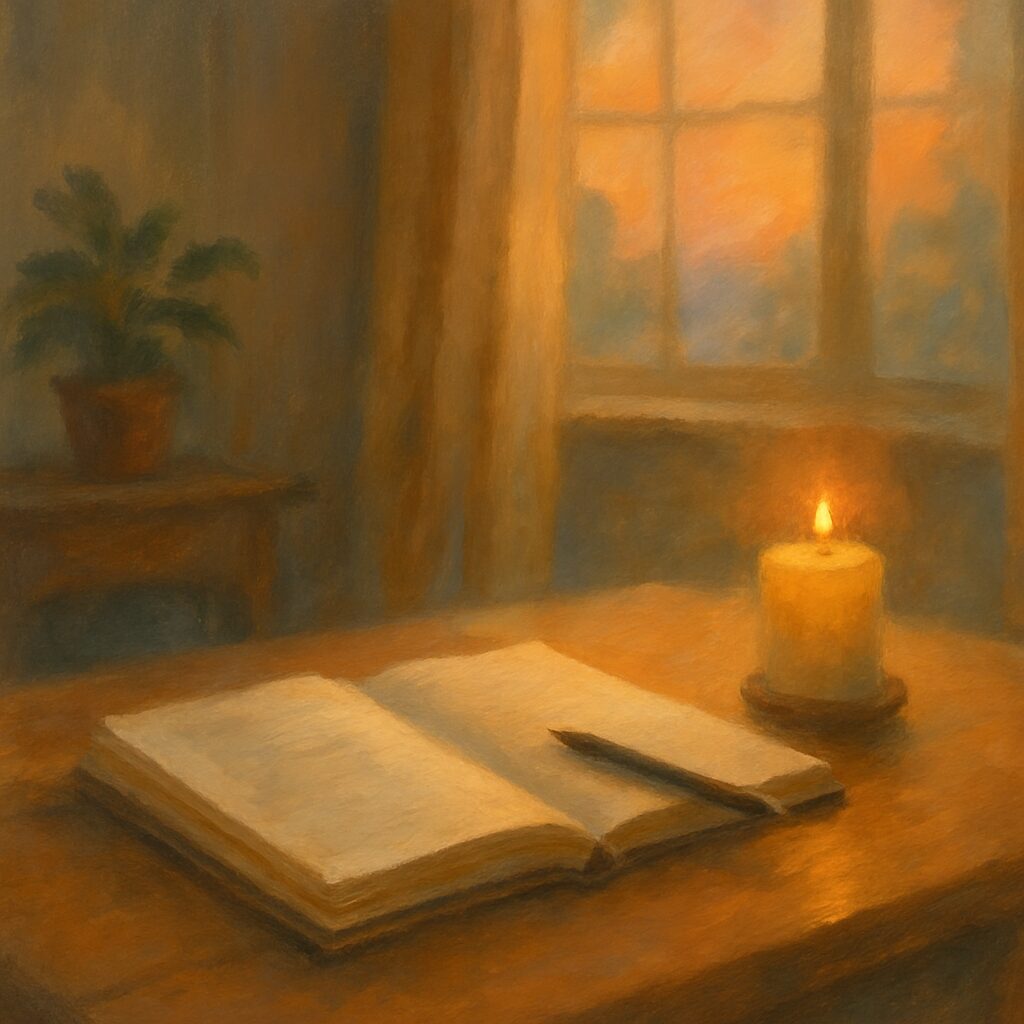 Open journal and candle glowing on a wooden table at sunset, symbolizing calm reflection