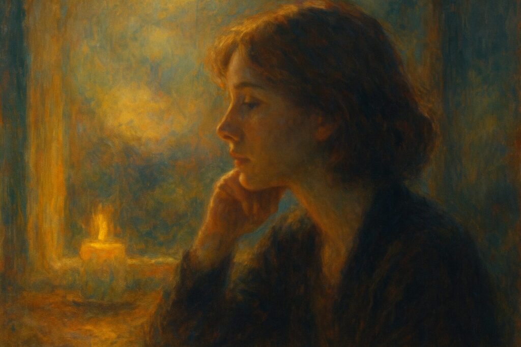Impressionistic painting of a woman lost in thought, gazing softly into golden light