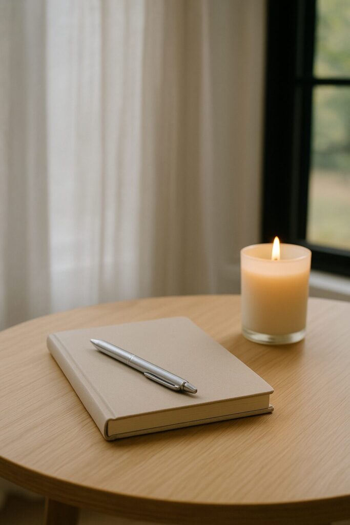 Beige hardcover journal with a silver pen and candle on a wooden table beside a window
