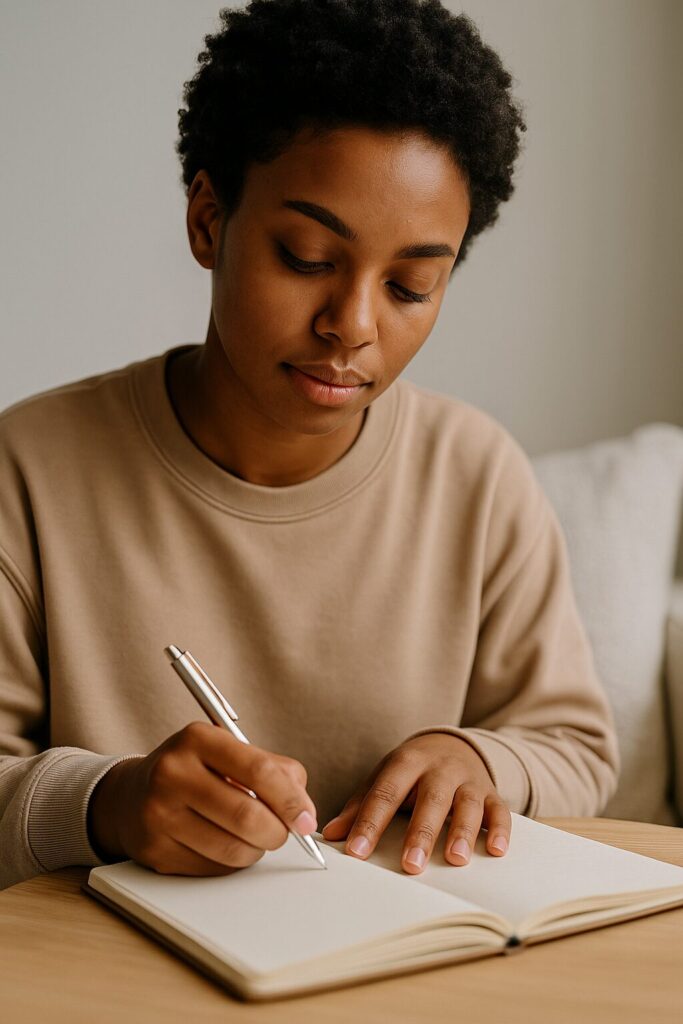 Young woman journaling with calm focus in natural light, wearing a beige sweatshirt