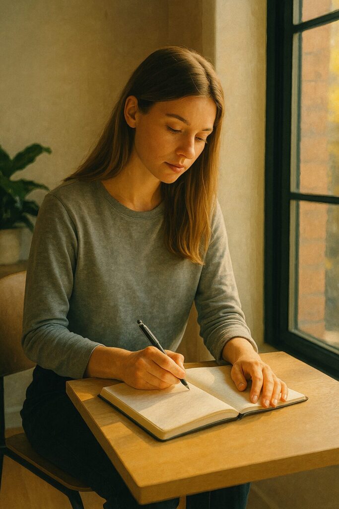 Modern photo of a young woman with her journaling benefits book sitting at a sunlit table beside a black-framed window