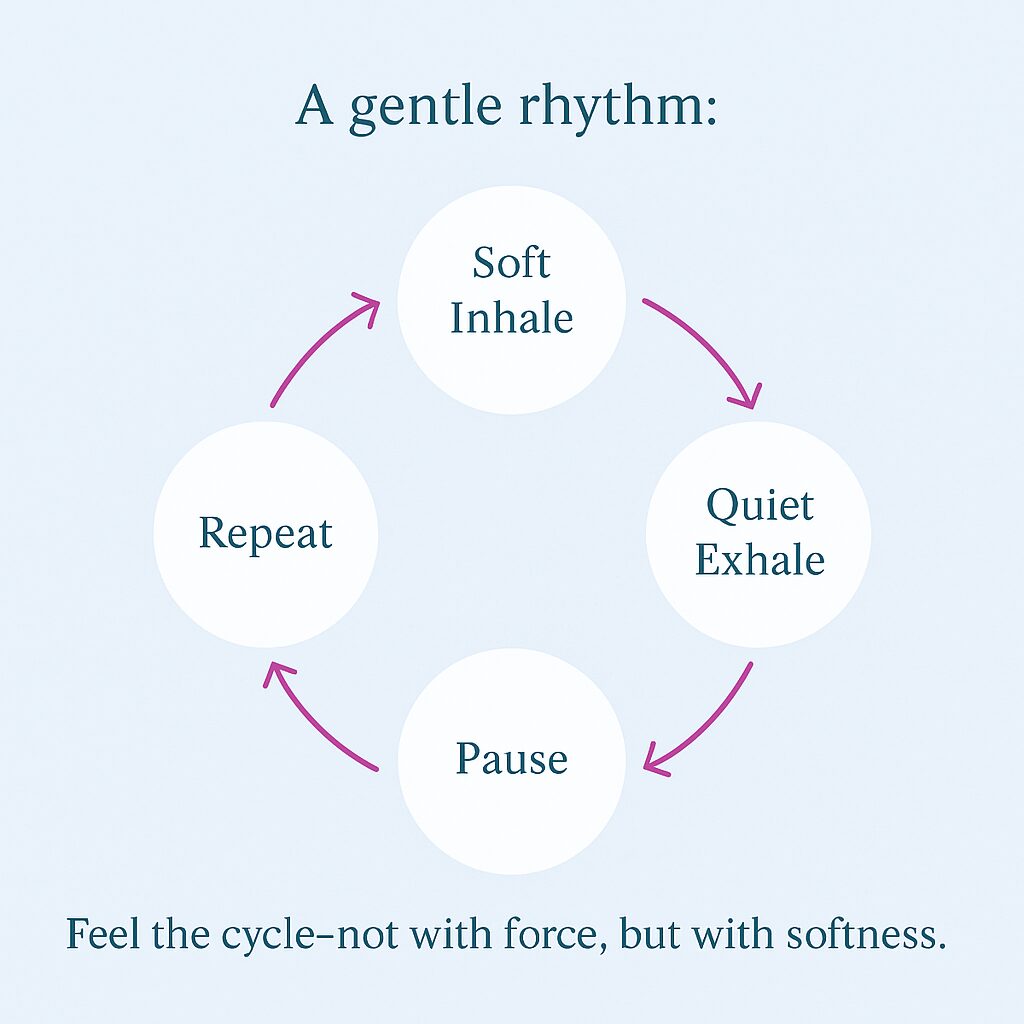 Breathing cycle visual showing soft inhale, quiet exhale, pause, and repeat.