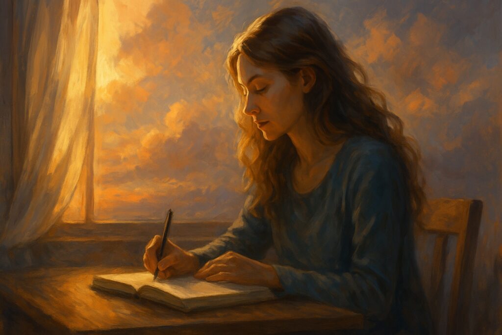 Surreal painting of a woman journaling by sunset light, symbolizing guided reflection and inner calm